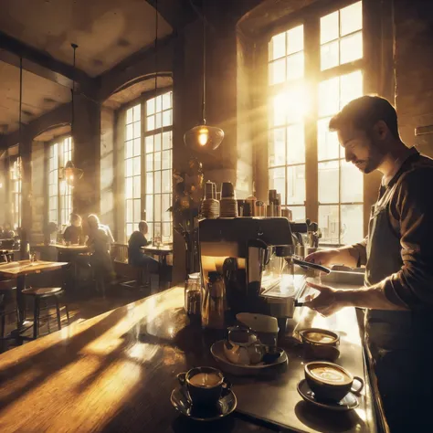 mood photo for advertising, wide angle shot, shoot from far away, a barista brewing coffee at the coffee bar, cafe in paris, mor...