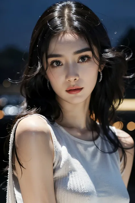 Floral, (Night city landscape background:1.5), (1 Girl:1.6), long hair, ulzzang-6500v1.1, (authentic: 1.2), (Practical: 1.3), beautiful girl，Beautiful details, Extremely detailed eyes and face, There are beautiful details in the eyes, absurd, incredibly ab...