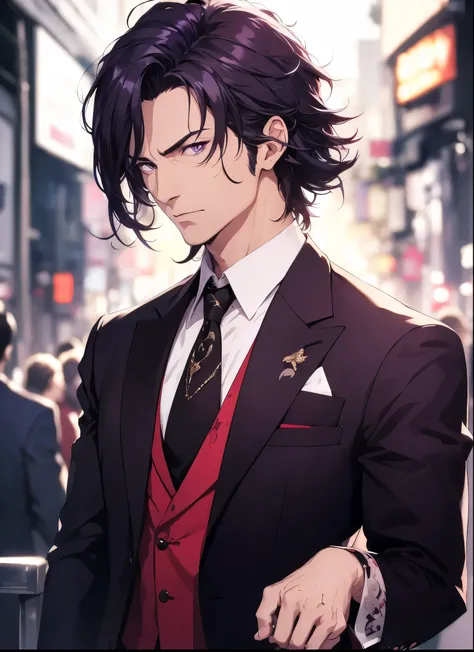 1man, handsome, 35 years old, purple eyes, black hair, wearing suit, evil, masterpiece, 4k, top quality, highly detailed, official art