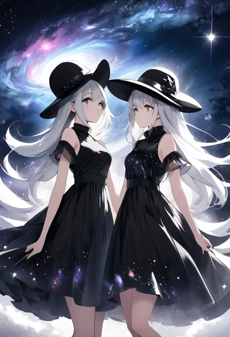 two girls, black and white hair, black and white dress, hat and without hat, galaxy, fantasy