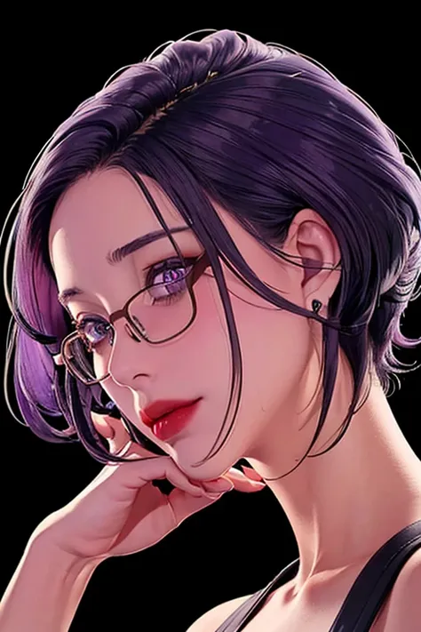 （（（perfect number，number，set， grey shirt，hip skirt（（（jmt,glasses,purple hair,short hair,purple eyes,michondev，purple eyes，purple...