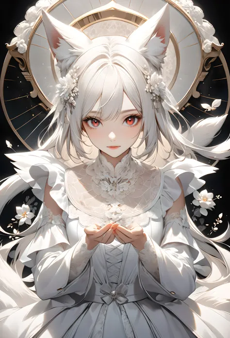 ((Layered White Lace Art)), The best depiction in AI history, (Depicts a white fox with red eyes as a motif, god々Clear and transparent, Moisturized and shiny eyes), Realistic, Made from white lace, White lace craftwork, (Sheer lace:1.3), Black background c...