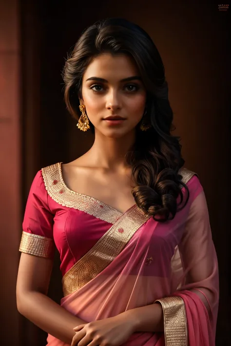 Btflindngds, a beautiful Indian girl, (intricate:0.3) eyes, mid shot, photograph by artgerm and (greg rutkowski:0.3), portrait photo,indian girl, beautiful , goddess,angel,perfect lips, red pink saree vintage, a light background, rim light, key light