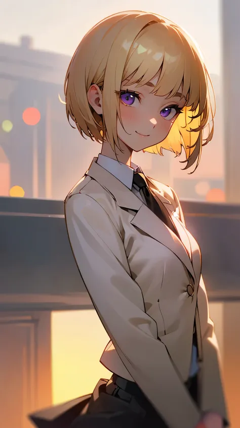 1 girl、8k、sharp focus、(bokeh) (highest quality) (detailed skin:1.3) (intricate details) (anime)、(blonde)、short hair、bobcut、blunt...