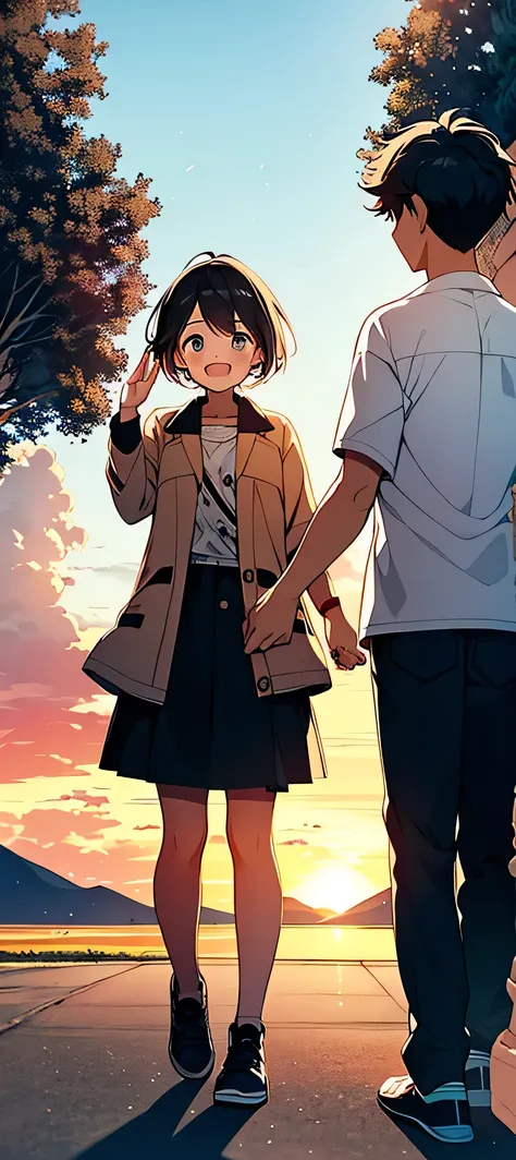 

A boy and a girl are standing facing each other, waving hands.saying good byes.The boy has a bright smile and a hint of adventure in his eyes, while the girl has a playful glint in hers. In the background, you can see a scenic landscape with trees and a ...