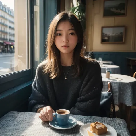 mood photo for advertising, a 16 yo japanese girl sitting inside a cafe, at a coffee table with blue-white-patched table cloth, ...