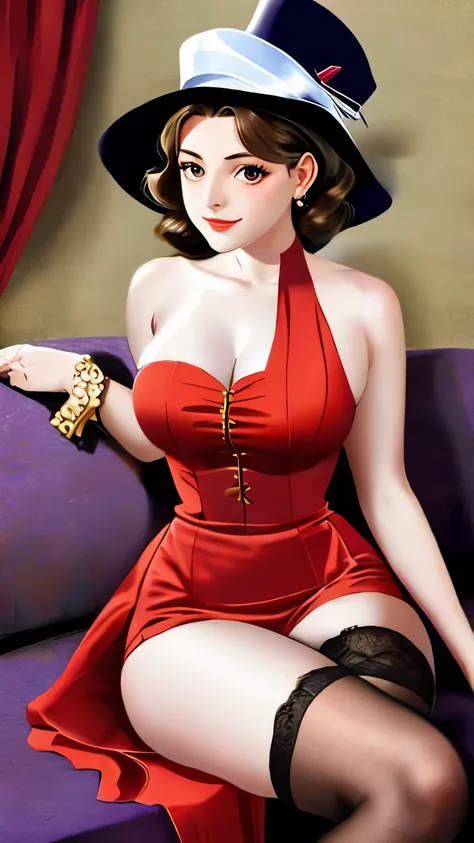 arafed woman in a dress and hat sitting on a couch, by George Hurrell, by Stan Galli, stockings and a tricorn hat, in costume, with hat, by Horst Antes, old hollywood, circa 1940s, glamorous pose, 1940s, 1 9 4 0 s, by Evelyn Abelson, in tricorn hat