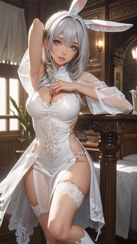 from behind,backwards,stretching,(have a sword,leather boots,asymmetrical armor,(long embroidered white lace dress,see through,lift up the hem of the dress)),Bunny ears,silver hair,(tanned skin),(Thin type:1.8),(big breasts),(random hairstyle),(Highest ima...