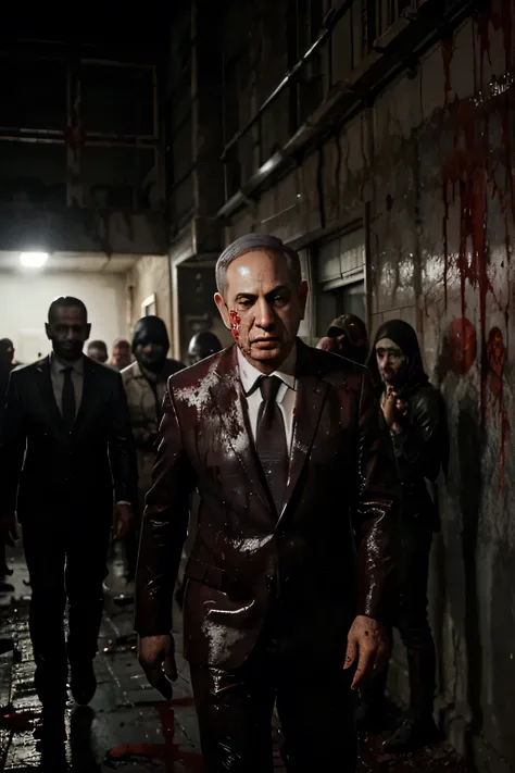 A harrowing, blood-soaked scene with Benjamin Netanyahu as the central figure, standing prominently amidst the bodies of 100 children. The ground around him is covered in large, dark pools of blood, and his suit is drenched and spattered with it. Blood str...