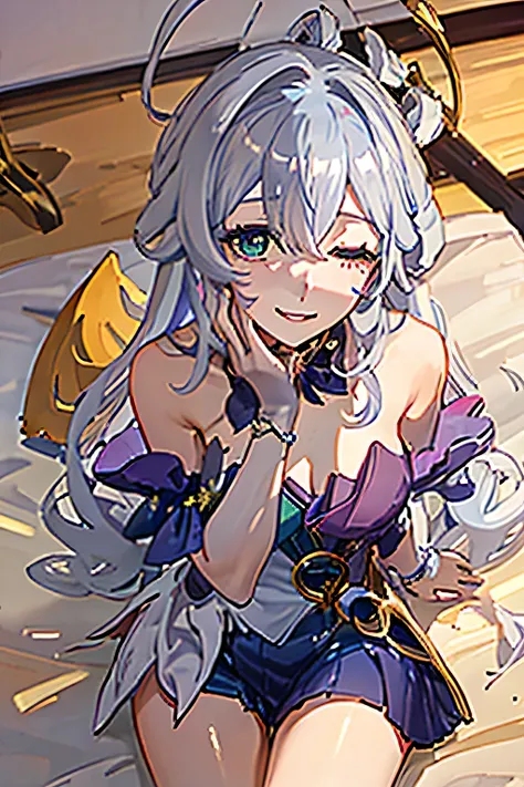 image with an ia of robin from honkai star rail, where she is sitting on her bed with her hand holding her face, she is looking ...