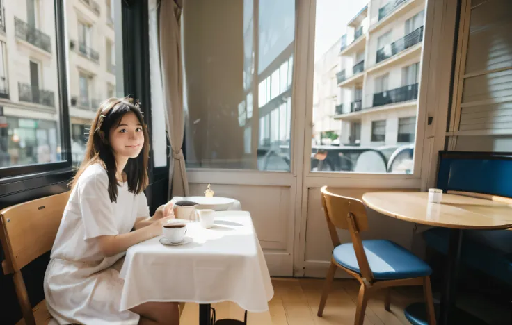 mood photo for advertising, a 16 yo japanese girl sitting inside a cafe, at a round-shape coffee table with blue-white-patched t...