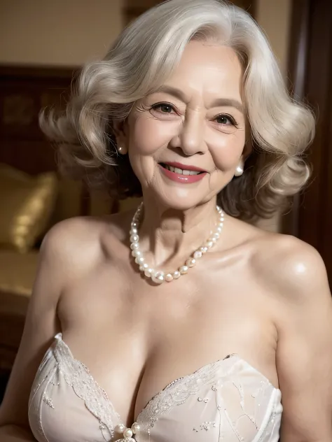 Beautiful old woman, smile,sexy,80 years old, Curly Hair,sexy,Wear a pearl necklace,Beautiful elderly woman, cute,smile,sexy,80 years old,,sexy,Wear a pearl necklaceold woman,Big Breasts,Curly Hair