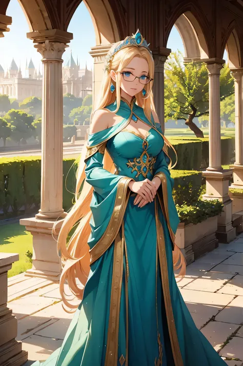 "Generate the image of a stunning princess with captivating blue eyes, blonde hair, glasses, wearing an amazing dress, standing in the palace garden of an ancient kingdom. She should be positioned next to a huge and beautiful green plant, towering like a b...