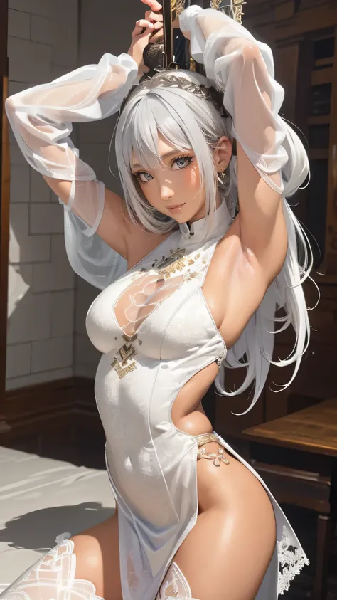 from behind,backwards,stretching,(have a sword,leather boots,asymmetrical armor,(long embroidered white lace dress,see through,lift up the hem of the dress)),Bunny ears,silver hair,(tanned skin:1.2),(Thin type:1.8),(big breasts),(random hairstyle),(Highest...