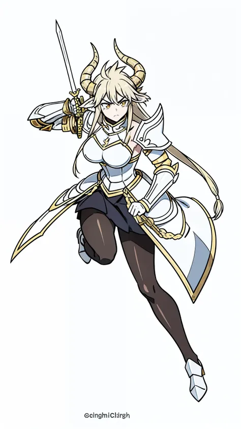 1girl,20 years old,solo,(white background,line drawing),long hair,angry,horns,gold knight armor,perfil,cow ears,(black pantyhose),holding a sword,