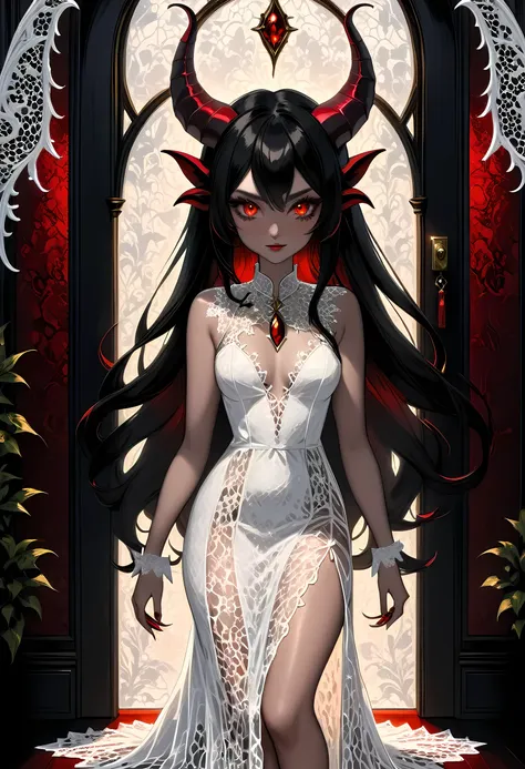 epic good looking succubus wearing a (white lace: 1.5) dress (intense details, Masterpiece, best details: 1.6),, offering a gold and red diamond ring in hand (intense details, Masterpiece, best details: 1.6), full body (intense details, Masterpiece, best d...