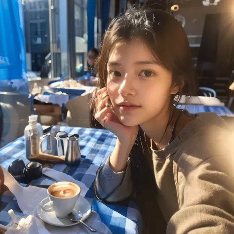 Mood photo for advertising, a 16 yo girl sitting inside a cafe, at a coffee table with blue-white-patched table cloth, Close-up selfie, in paris, morning sunshine from window, photorealistic, selfie 