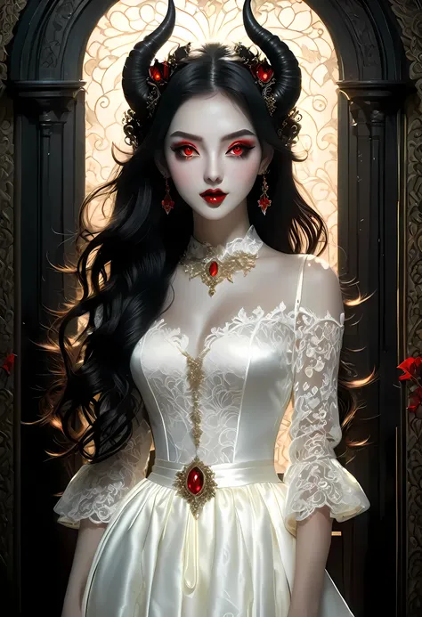 epic good looking succubus wearing a (white lace: 1.5) dress (intense details, masterpiece, best details: 1.6),, offering a gold...