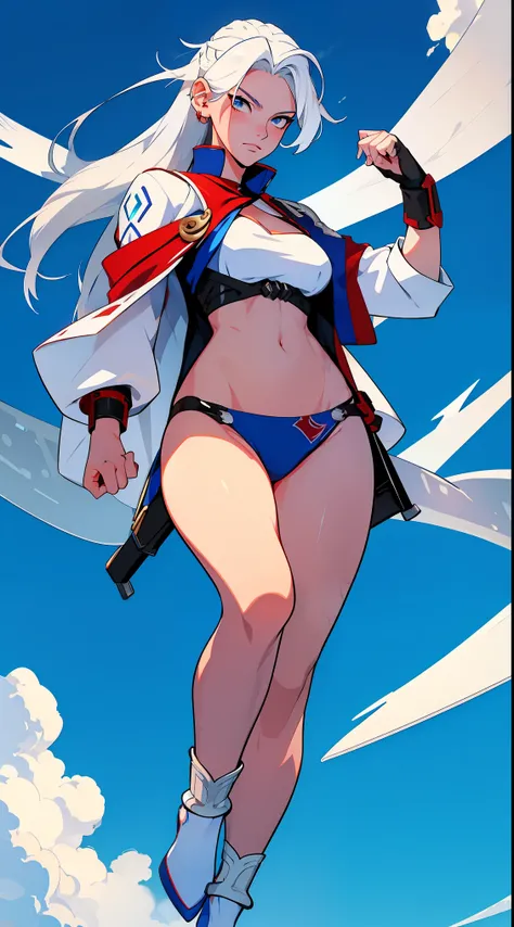 a female protagonist white hair, sky blue eyes, attractive, a mixture of Zenobia (FGO) and Mai Shiranui (Capcom vs SNK) wearing revealing cloths; while wielding futuristic pistol guns