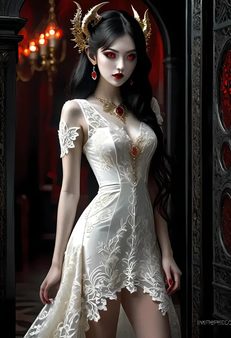 epic good looking succubus wearing a (white lace: 1.5) dress (intense details, masterpiece, best details: 1.6),, offering a gold...