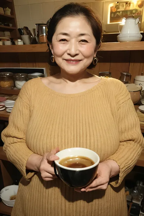 Osakas aunt、Organic Photography、highest quality、masterpiece、Ultra-high resolution、Beautiful Japanese old lady、70 years old、Looking at the audience、Elegant face、Toothy smile、Big Breasts、Wearing a short-sleeved knit with an animal print、Medium long wavy hair...