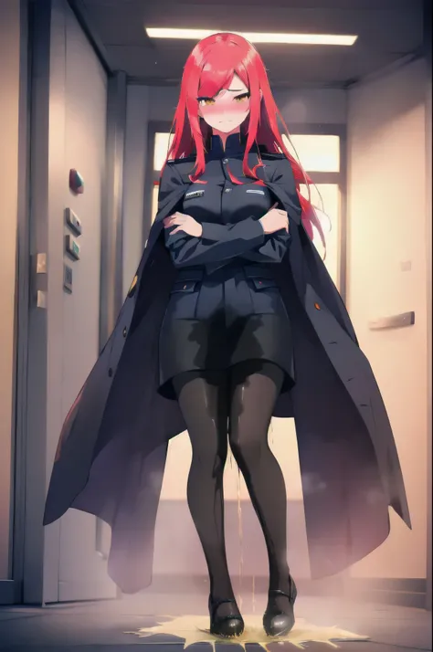 (masterpiece:1.37), woman, (mature:1.5), extremely detailed eyes and face, long straight hair, red hair, yellow eyes, black military uniform, cloak, (futuristic:1.25), (science fiction:1.25), hologram armband, unicursal hexagram-shaped pupils, standing, la...