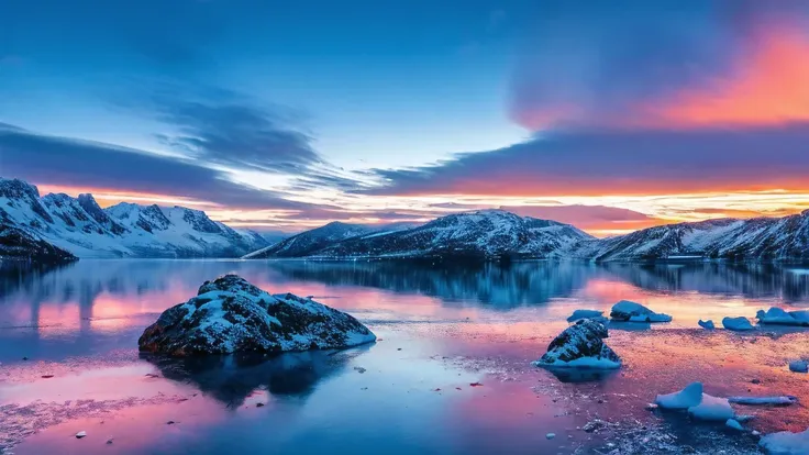 a norwegian foggy fjord in the winter, sunset, snowy mountains in the background, fog, couple, coming from blue hot water, the w...