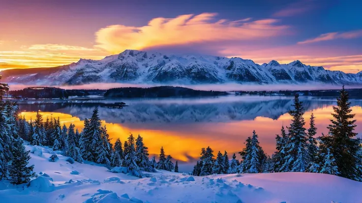 a norwegian foggy fjord in the winter, sunset, snowy mountains in the background, fog, couple, coming from blue hot water, the w...