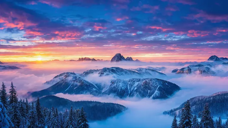 a norwegian foggy fjord in the winter, sunset, snowy mountains in the background, fog, couple, coming from blue hot water, the w...