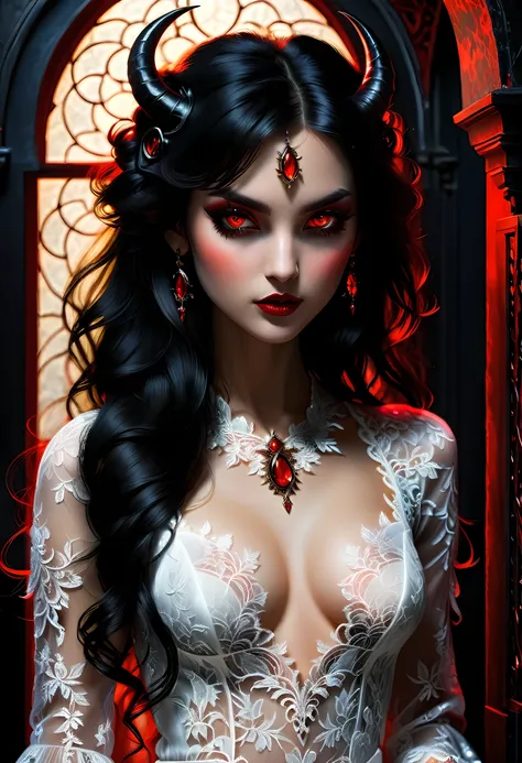 epic good looking succubus wearing a (white lace: 1.5) dress (intense details, masterpiece, best details: 1.6),, offering a gold...