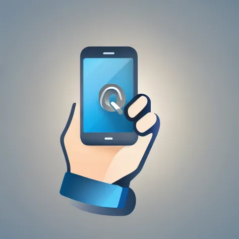 icon: a hand holding a smartphone.
Tipografia: "In my hand" em uma fonte moderna e "e Mais Barato" em uma fonte mais casual.
Cores: Azul e cinza.