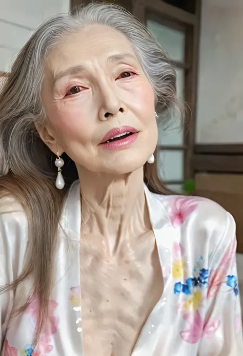 (Masterpiece, best quality: 1.2),100 year old woman with long hair,Colloid, sexy eyes,Exquisite eyes,kiss expression,Sexy pink and white juicy lips, Colloid皮肤,slim body,earring((white clothes)),full body shot