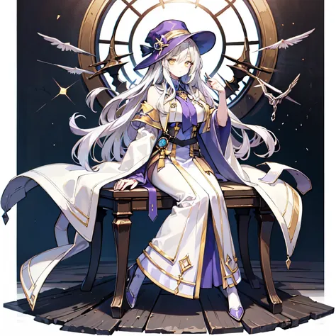 One Woman、young、Silver Hair、Long Hair、Yellow Eyes、Very large breasts、Wizard、White clothes、Purple Robe、Black Cape、Wear a pointed hat、Sit on a chair、Full body portrait、Study