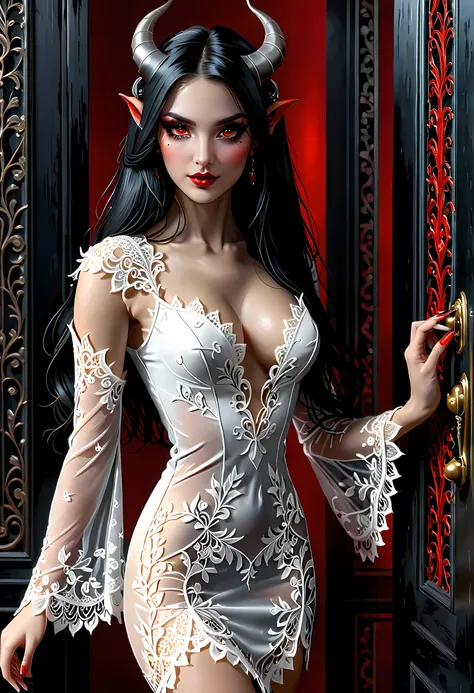 epic good looking succubus wearing a (white lace: 1.5) dress (intense details, masterpiece, best details: 1.6),, offering a gold...