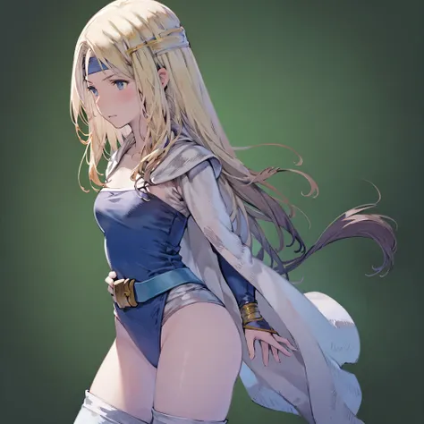 Simple Background, Green Background:1.3, Masterpiece, solo, 1girl, upper body, celes chere, blue headband, green leotard, white cape, blue belt, blue bracelets, white thighhighs, blue boots