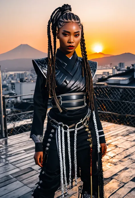 Create the image of a black samurai woman, with braided dreadlocks, modern hair posing in Japan with a beautiful sunset and covered in blood in white gold and silver , with full body view
