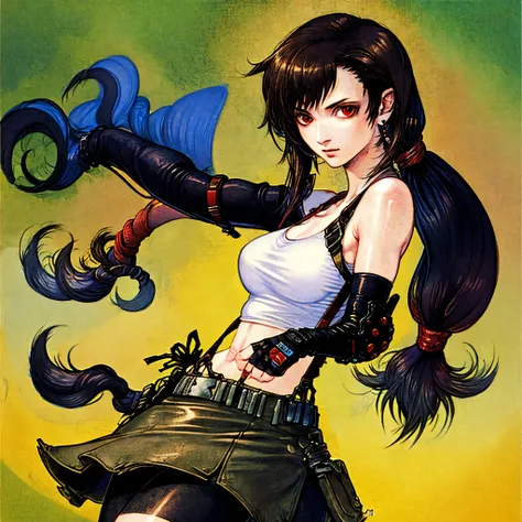 Simple Background, Green Background:1.3, Masterpiece, solo, 1girl, upper body, defTifa, red eyes, low-tied long hair, earrings, white crop top, suspenders, black miniskirt, pencil skirt, arm warmers, elbow gloves, elbow pads, red gloves, amano yoshitaka