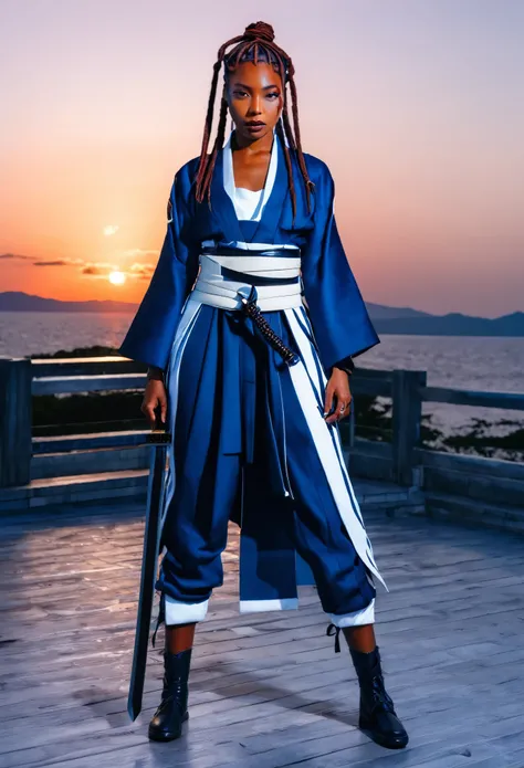 Create the image of a black samurai woman, with braided dreadlocks, modern hair posing in Japan with a beautiful sunset and covered in blood in white blue and white , with full body view
