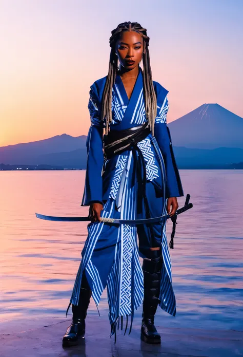 Create the image of a black samurai woman, with braided dreadlocks, modern hair posing in Japan with a beautiful sunset and covered in blood in white blue and white , with full body view
