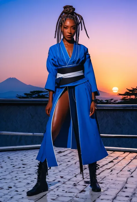 Create the image of a black samurai woman, with braided dreadlocks, modern hair posing in Japan with a beautiful sunset and covered in blood in white blue and white , with full body view
