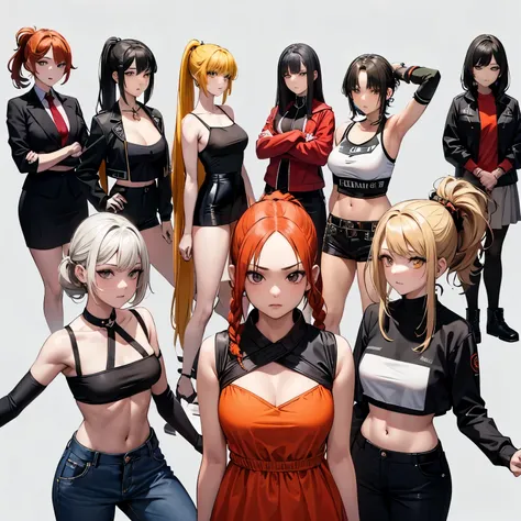 ((best quality)), ((masterpiece)), ((detailed)), ((perfect face)), ((hd)), ((badass)), ((six girls)), ((six different types of hairs)), ((six mafia girls)), ((six different position)) there should be a six mafia girls, with a red-colored braided hairstyle,...