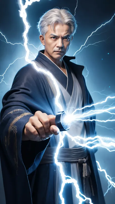 A middle-aged man with gray hair holding a lightning bolt in his hand, Blue Taoist Robe, strong