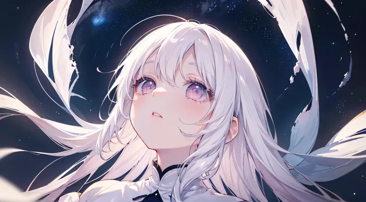 (((Looking up at the shining night sky))) 、(White clothes), (Highest quality、masterpiece、Super fine、Super fine、Exquisite、16k、Full HD) 、mysterious、Black Hair,、((Clear skies)) 、Black Eyes、Long eyelashes、White skin、Pale pink lips、Pale pink cheeks、thin and lon...