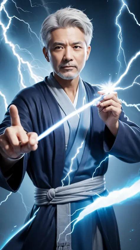 A middle-aged man with gray hair holding a lightning bolt in his hand, Blue Taoist Robe, strong