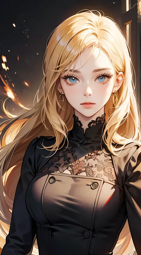 Painting of a woman with blond hair, stunning anime face portrait, beautiful drawing of the characters, beautiful anime portrait, presenting a stunning effect. The picture is very detailed, image of women&#39;s faces and clothing. Her face has a creamy dri...