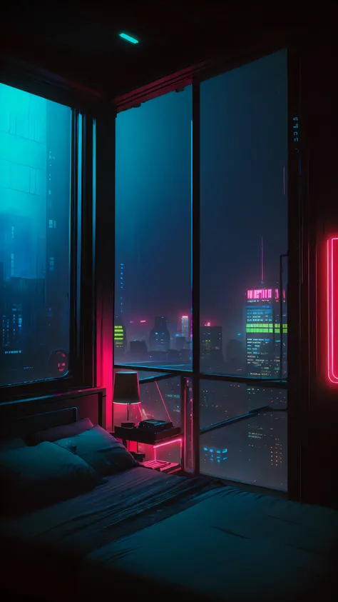 conceito:(((This is a photographic work of art there are two beds in a room with a large window overlooking the city from the 7th floor, cyberpunk room at night, quarto de adolescente cyberpunk, quarto cyberpunk, the apartamento ciberpunk, apartamento cibe...