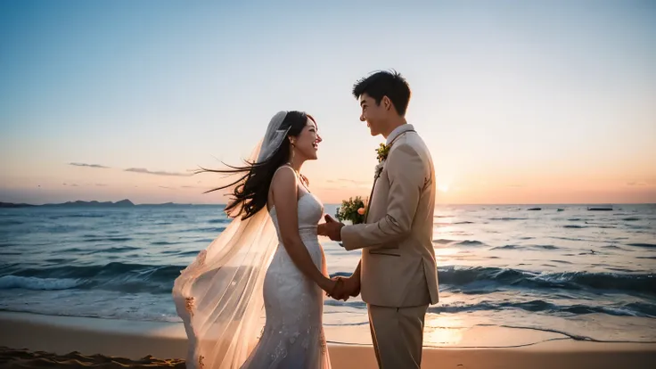 A beautiful sunset over the calm sea, illuminating the scene as a couple in their 30s exchange loving gazes during their wedding ceremony. The unblemished faces of the couple radiate pure happiness as they stand on the left side of the camera.