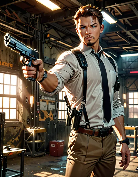 masterpiece, best quality, secret agent, (white suit t-shirt), sleeves rolled up, black necktie, shoulder holster, brown slacks, black dress shoes, (using pistol with one hand, finger on trigger), (using pistol, STI 1911), shooting range background, indoor...