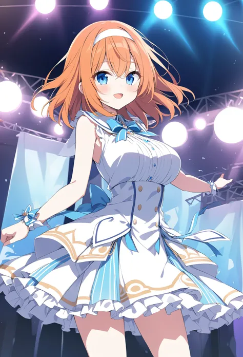 amakasemiharu, blue eyes. white hairband, orange hair, Medium hair,, large breasts,, Live Stage, solo .