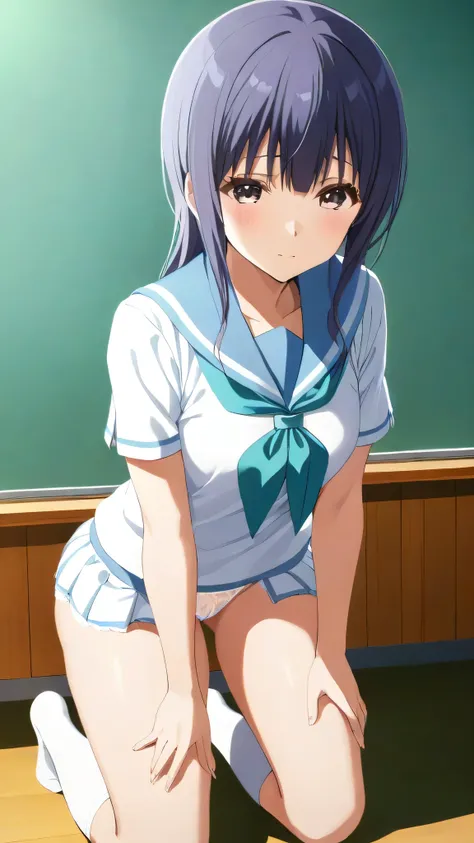 1girl,yoroizuka mizore,classroom,white lace panties ,kneeling,
rating: general,
masterpiece,best quality,